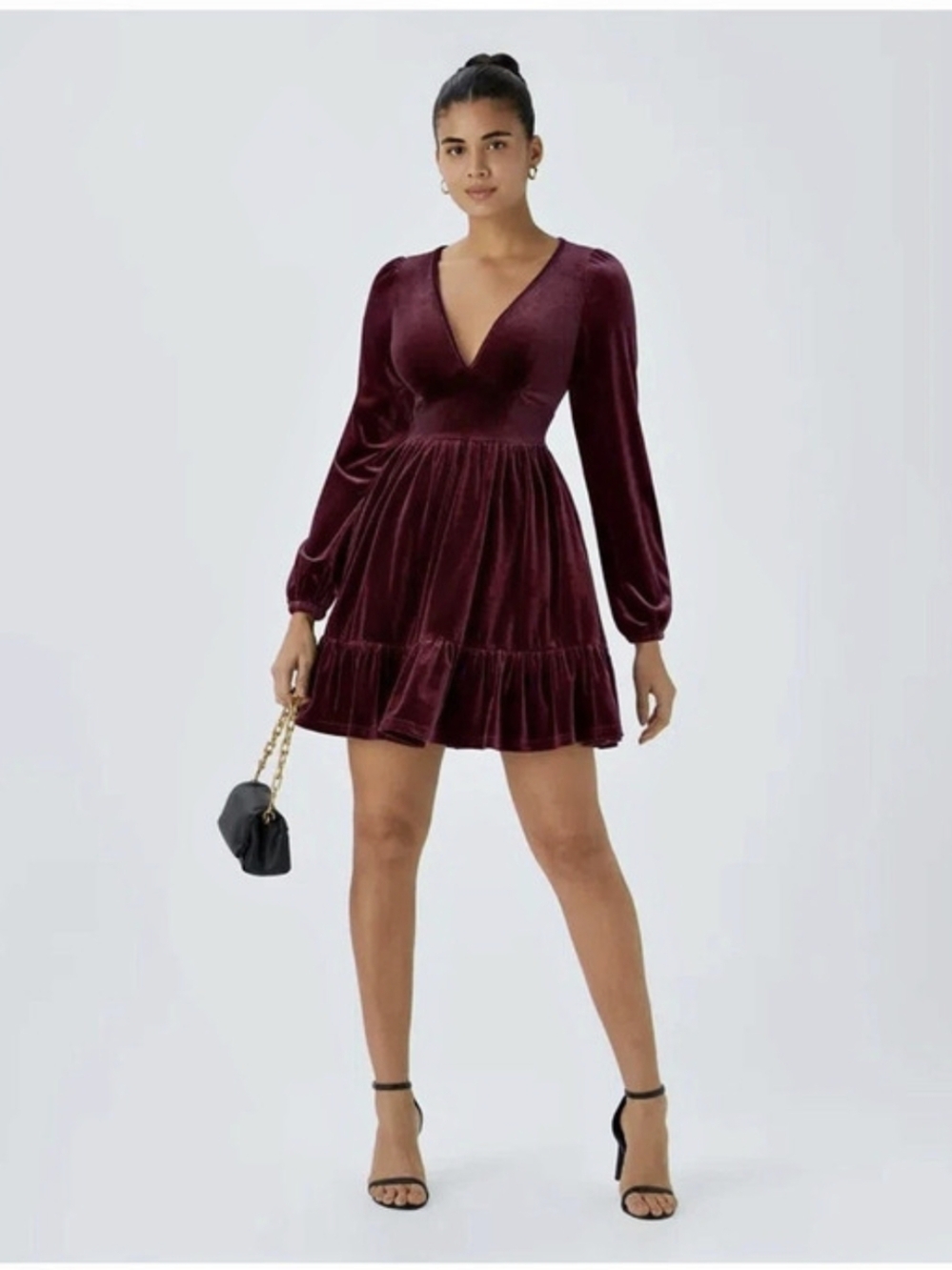 Halara Everyday Deep V Neck Long Sleeve Ruffled Hem Velvet Mini Chill Dress